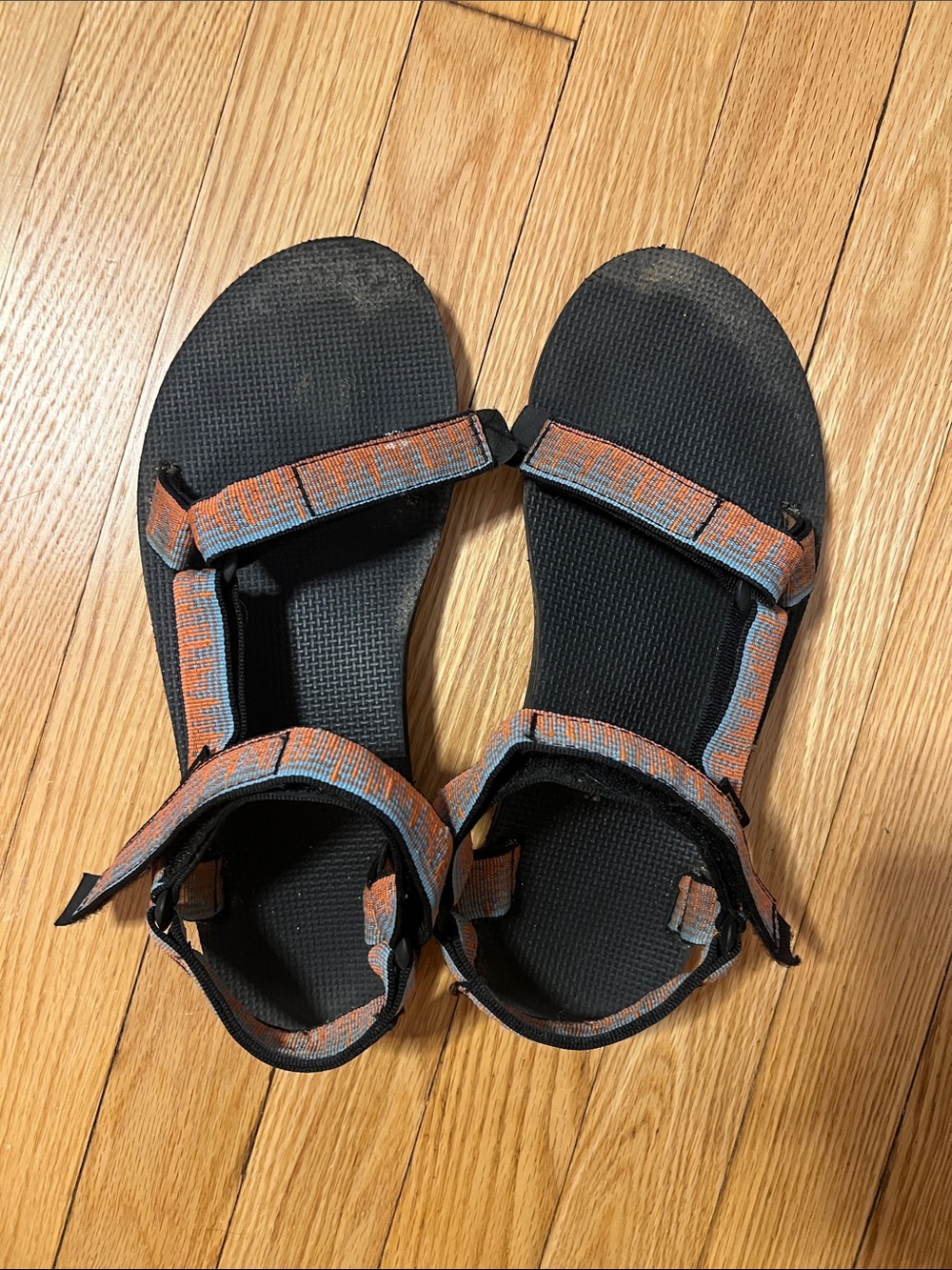 Teva Womens Adjustable Black Sandals with tangerine and blue Accent Straps